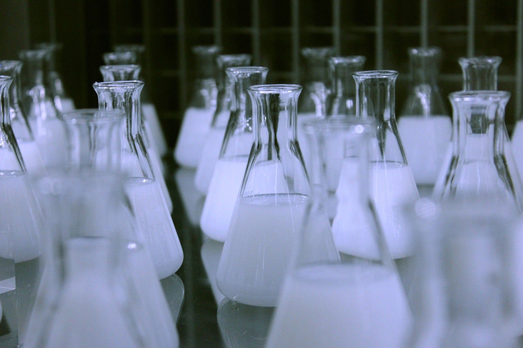 Multiple laboratory glasses with white liquid in line
