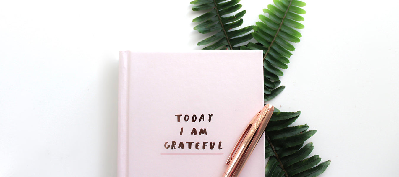 Book titled Today I Am Grateful, along with a pen and green leaves