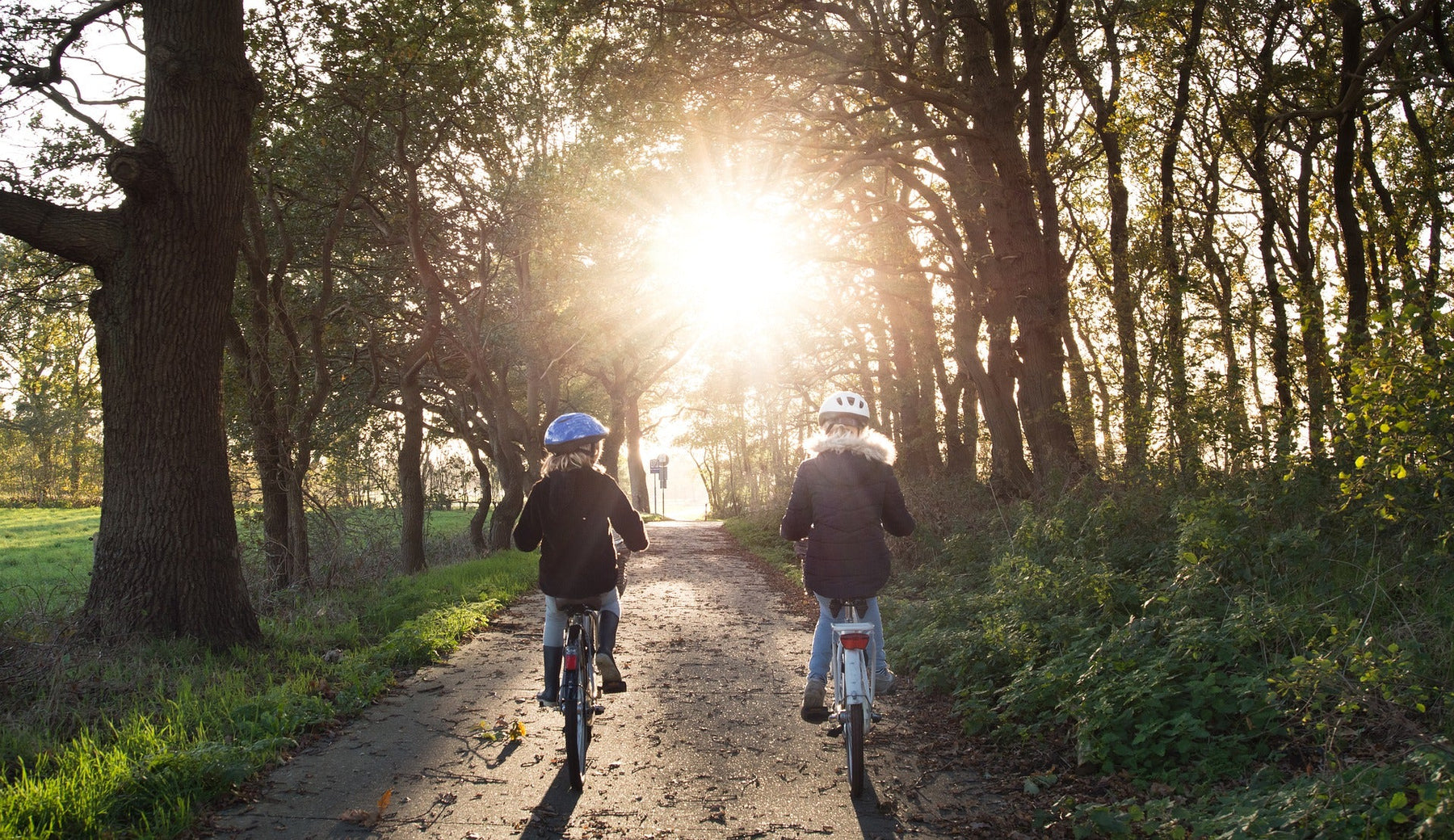 Two kids on a bicycle in the forest