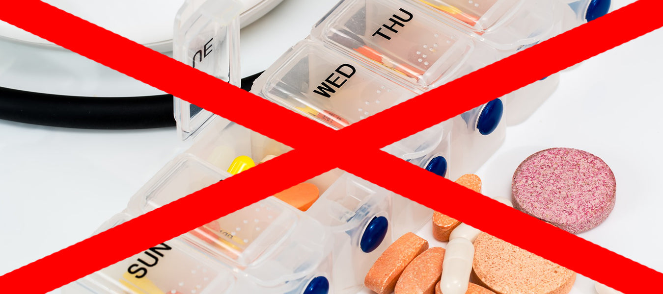 Big red cross over image of pills sectioned for each week day