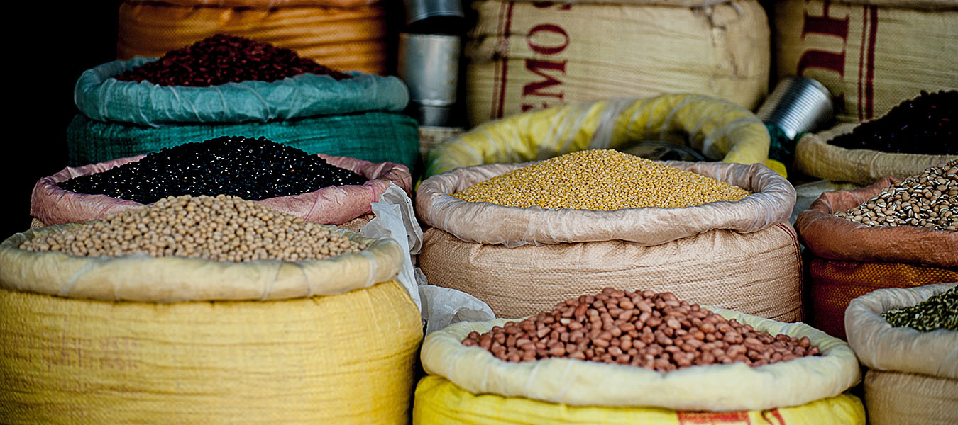 Beans and legumes in big yellow sacks