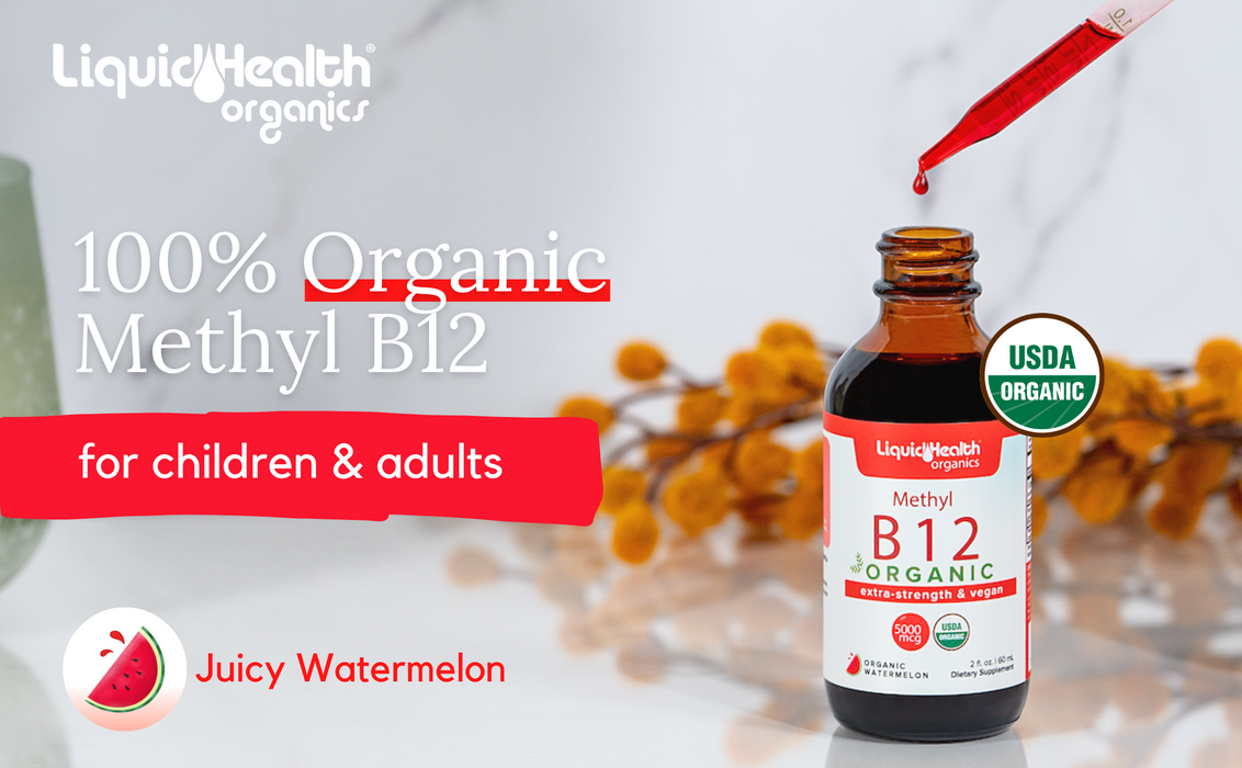 Organic Vitamin B12, Pure Methyl B12 Drops, Extra Strength & Vegan 5,000 mcg