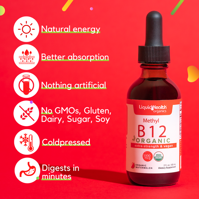 Organic Vitamin B12, Pure Methyl B12 Drops, Extra Strength & Vegan 5,000 mcg