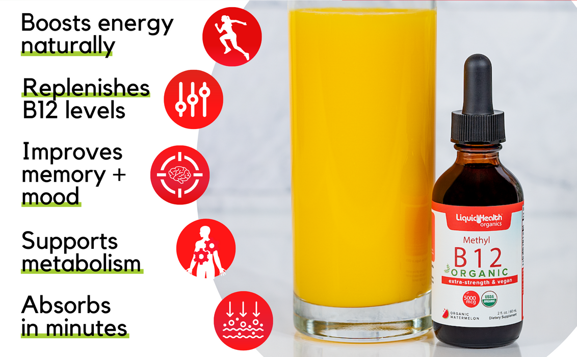 Organic Vitamin B12, Pure Methyl B12 Drops, Extra Strength & Vegan 5,000 mcg