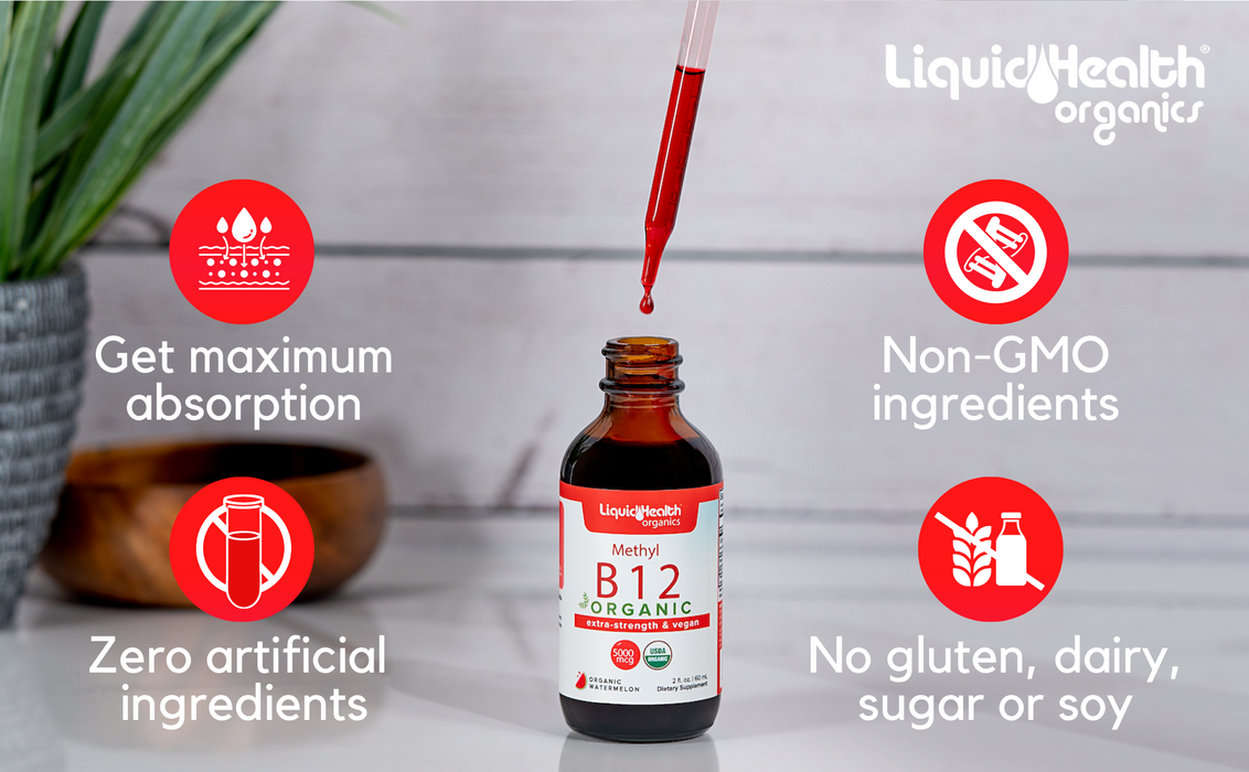 Organic Vitamin B12, Pure Methyl B12 Drops, Extra Strength & Vegan 5,000 mcg