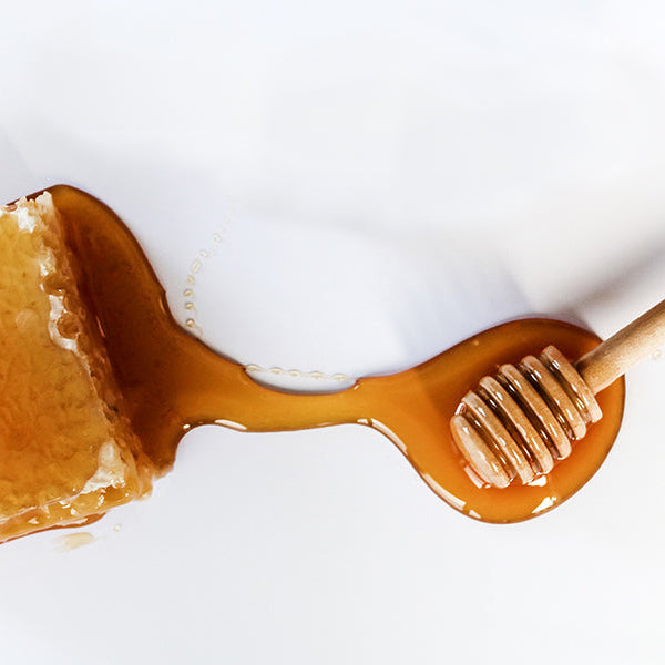 Raw honey along with honey stick on a white background