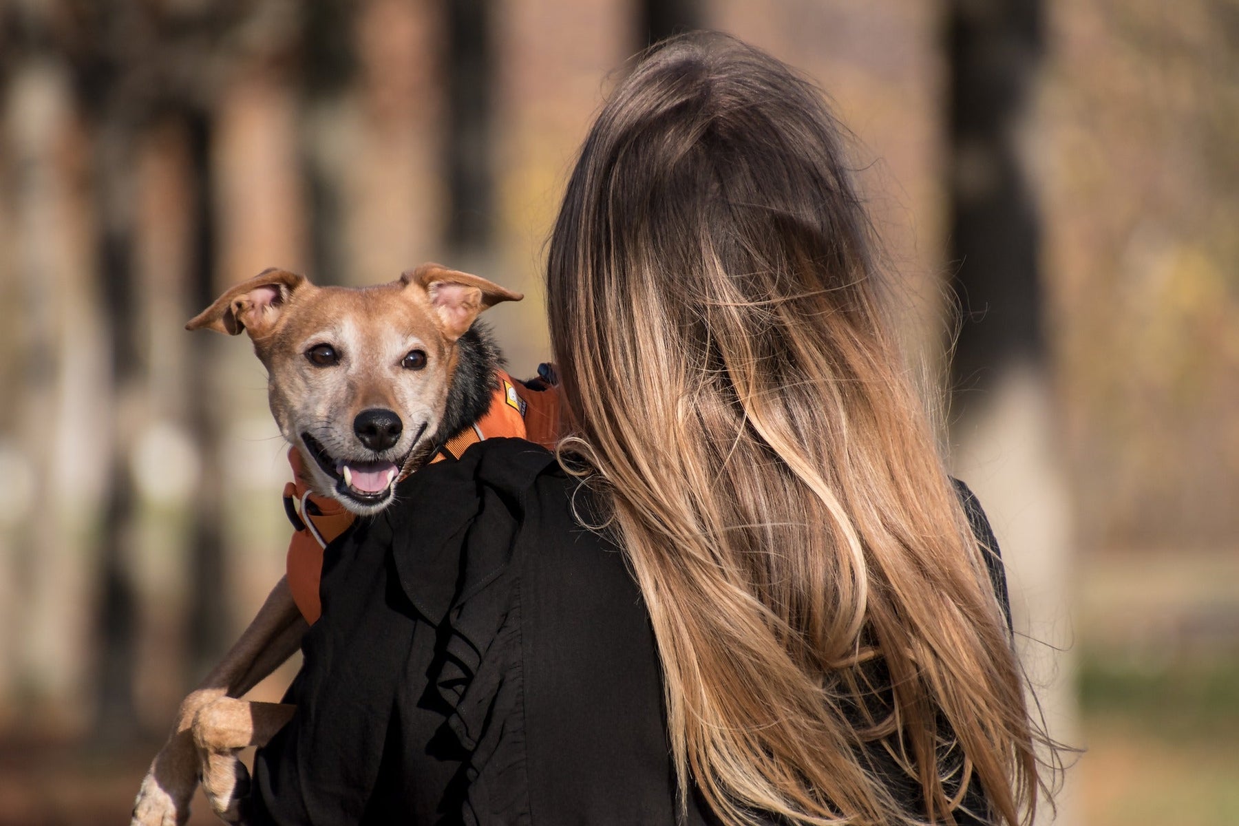 Woman holding her smiling puppy