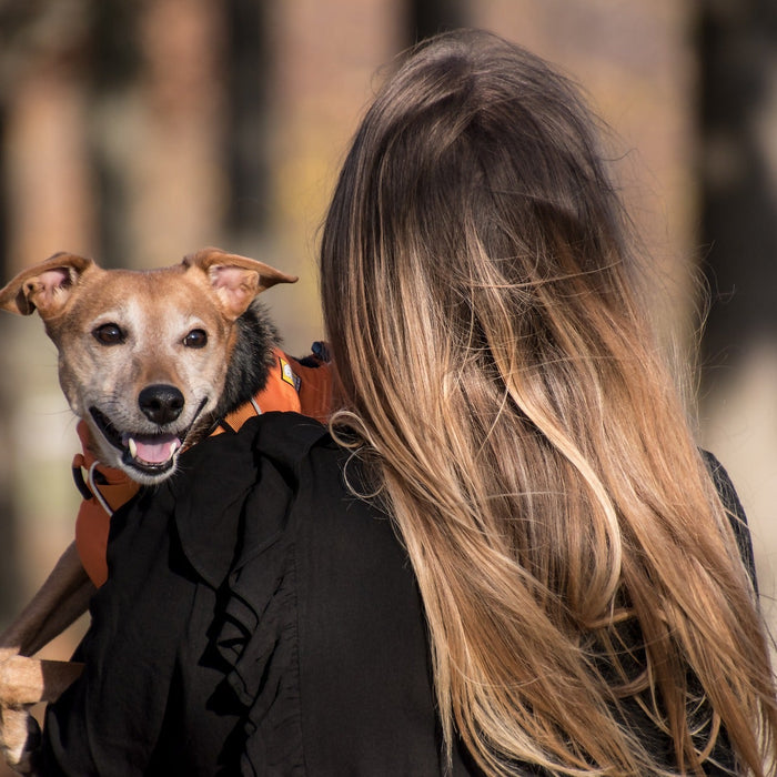 Woman holding her smiling puppy