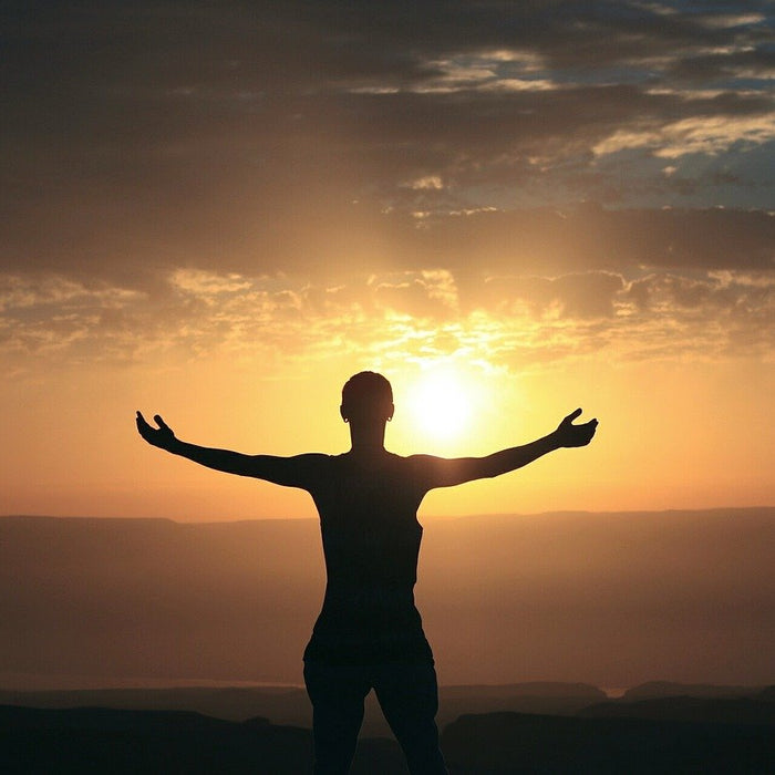 Woman looking at a sunrise with her hands pointed up