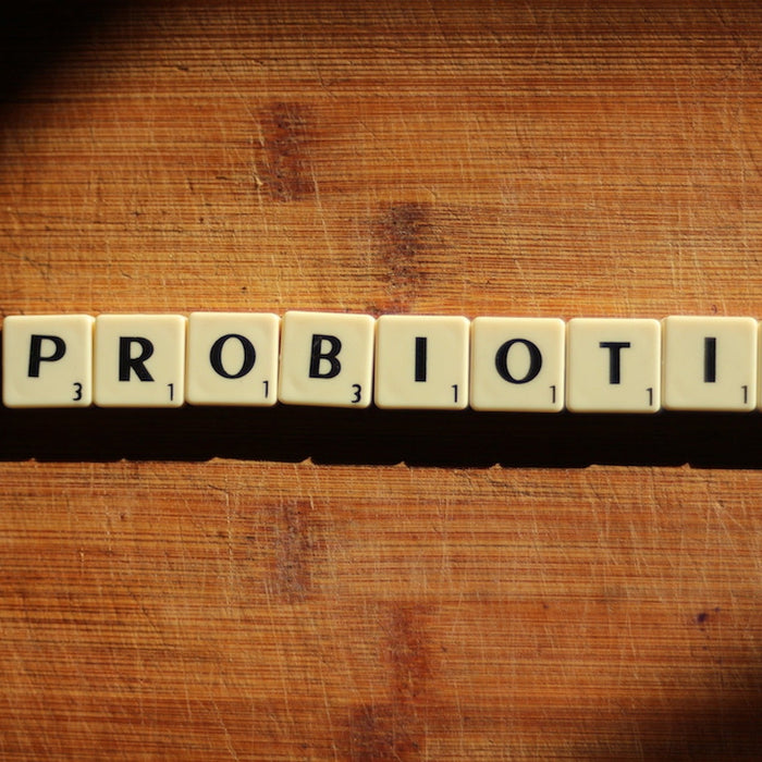 Rummy pieces on a wooden table reading probiotic