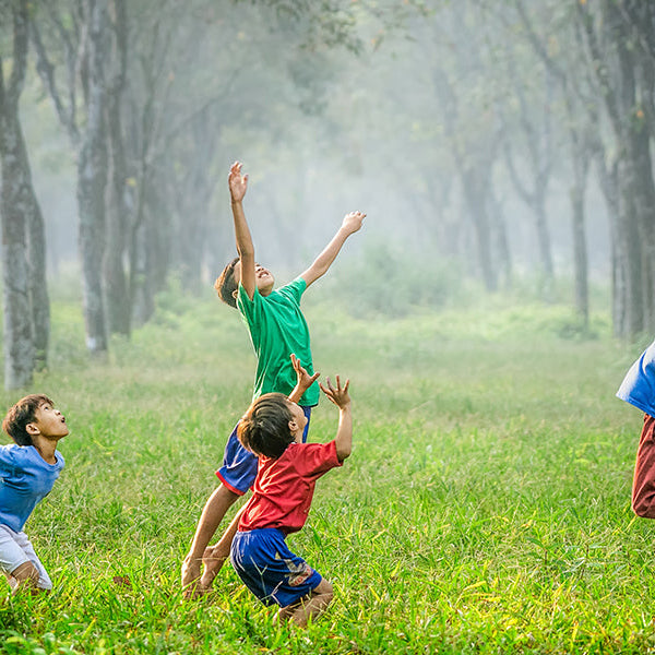 Children on grass near trees jumping high