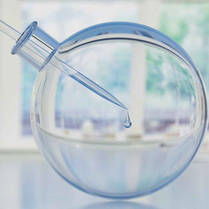 Small pipe dropping liquid in a round glass boll
