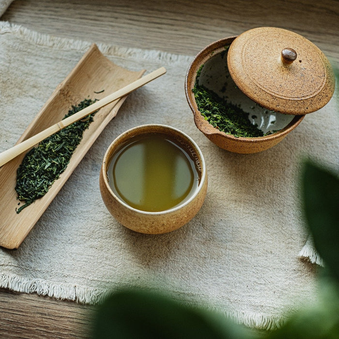 Green tea plant next to green tea liquid