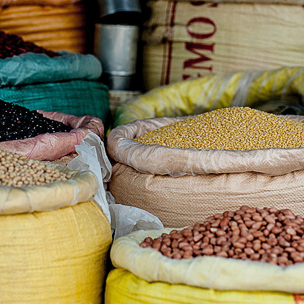 Beans and legumes in big yellow sacks