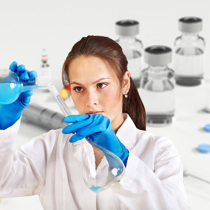 Laboratory woman with blue gloves pouring liquid