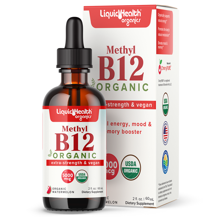 Organic Vitamin B12, Pure Methyl B12 Drops, Extra Strength & Vegan 5,000 mcg