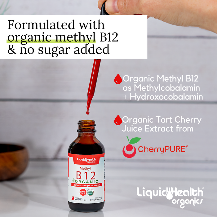 Organic Vitamin B12, Pure Methyl B12 Drops, Extra Strength & Vegan 5,000 mcg