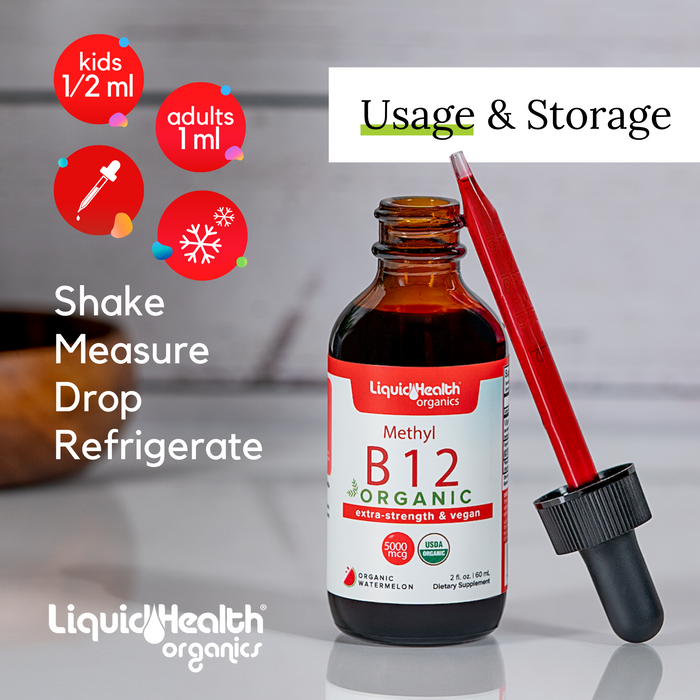 Organic Vitamin B12, Pure Methyl B12 Drops, Extra Strength & Vegan 5,000 mcg